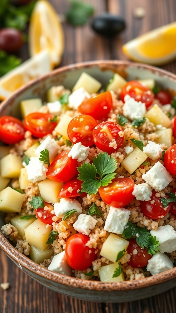 A colorful Mediterranean quinoa salad with cucumbers, tomatoes, olives, and feta cheese in a rustic bowl.